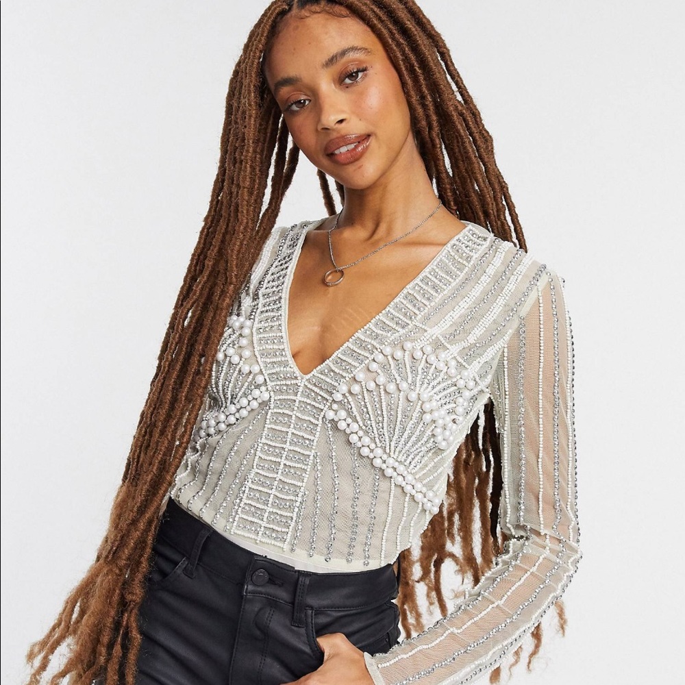 NWT ASOS DESIGN embellished pearl thong bodysuit in white | Sheer | US 8